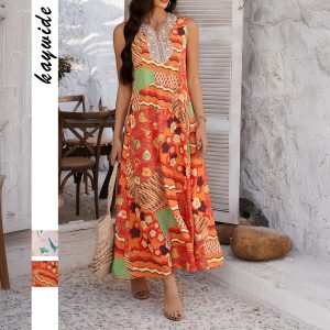 Printed Contrast Color Vacation Sleeveless A- Line Dress Women's Clothing