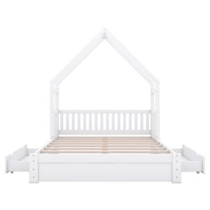 Home 20 Wood Queen Size House Platform Bed with Guardrail and 2 Drawers, White