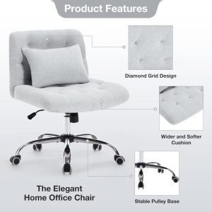 Armless Fabric Office Desk Chair with Wheels, Criss Cross Legged Wide Seat Chair, Modern Home Office Chair with Lumbar Pillow, Comfy Computer Task Chair for Small Space, Vanity Chair for Women, Girls