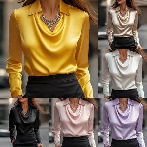 Home 24 Women's Swing Collar Draped Shirts & Blouses Elegant Solid Satin Office Ladies Top Pullover Spring Long Sleeve Casual Tops
