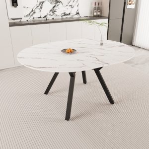 47-63 " extendable white circular dining table, 4-6 person kitchen dining table, modern coffee table with MDF tabletop and metal legs, suitable for kitchen&home