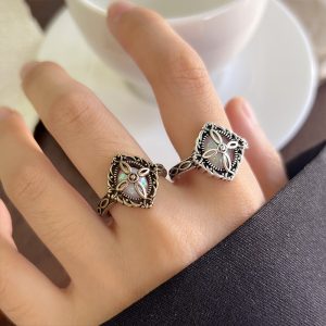Retro Flower Rhombus Gemstone 925 Sterling Silver Ring Women's Bronze Stylish High-End Open Thai Silver Ring